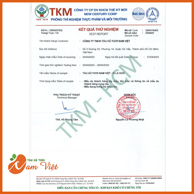 Kết quả thử nghiệm tàu hũ tươi lá dứa 1
