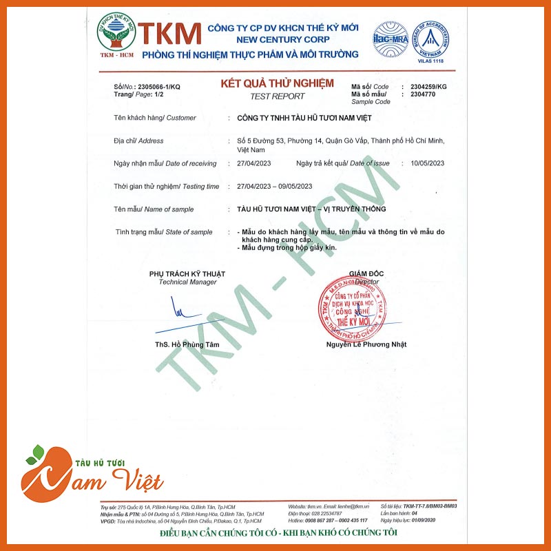 Kết quả thử nghiệm tàu hũ tươi truyền thống 1