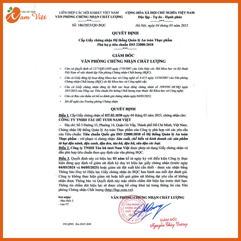 Quyết định của văn phòng chứng nhận chất lượng